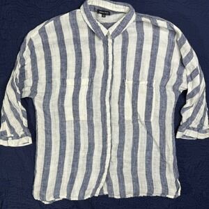 Athena Marie Womens Blue White‎ Stripe Linen Button Down Shirt Top Large